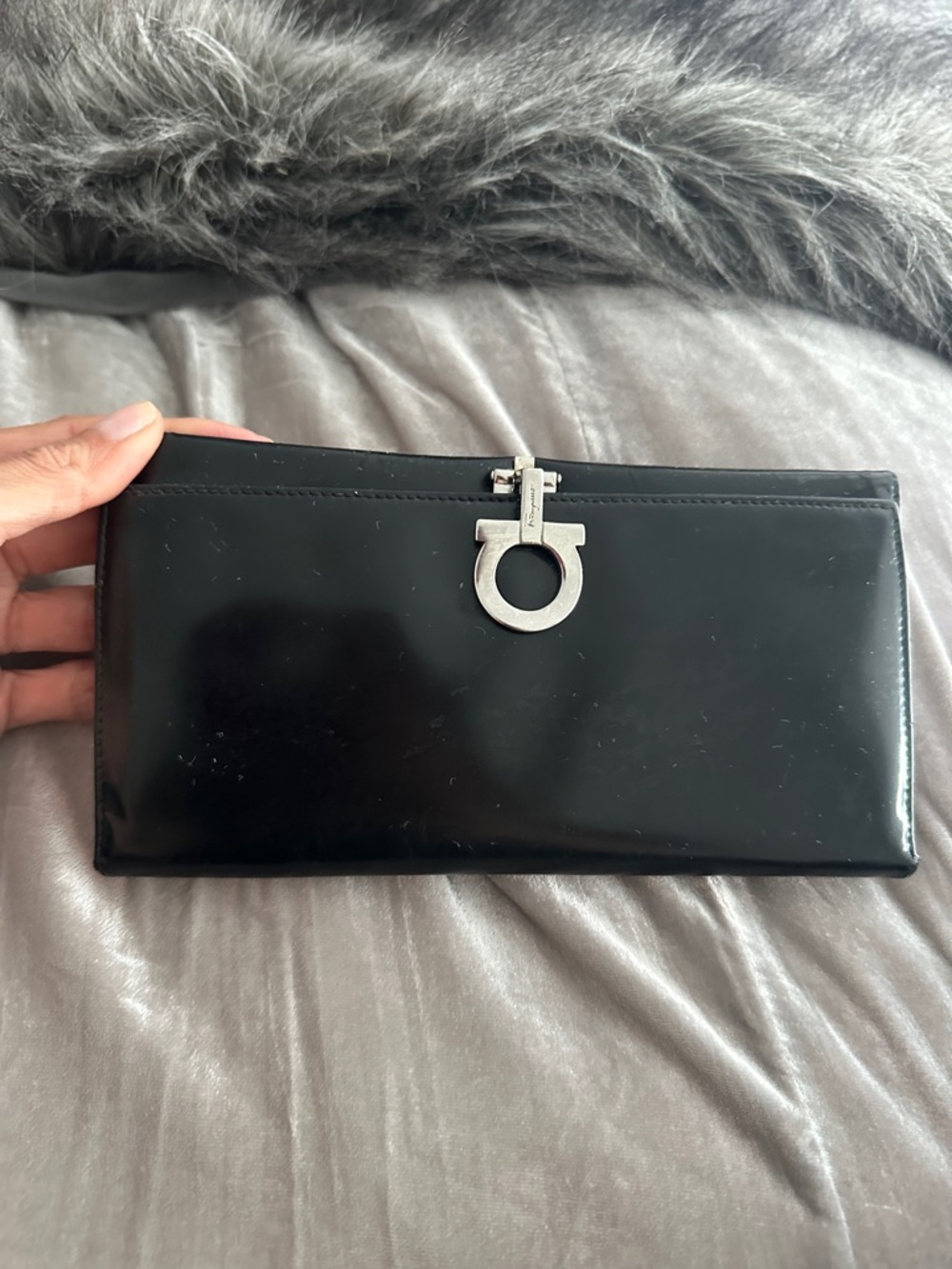 Salvatore Ferragamo Black Patent Leather wallet with Silver Gancini.